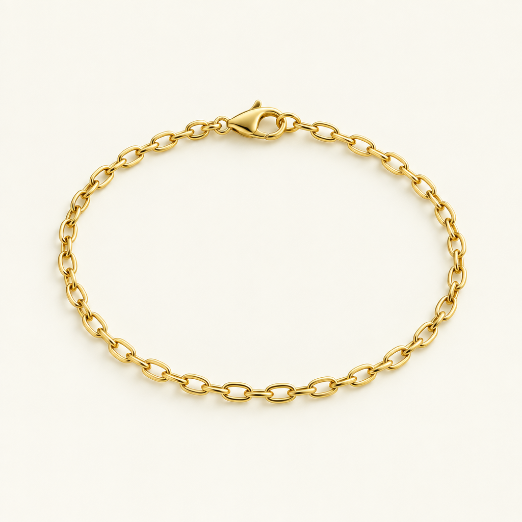 AI-generated sample gold-tone chain bracelet on an ivory background